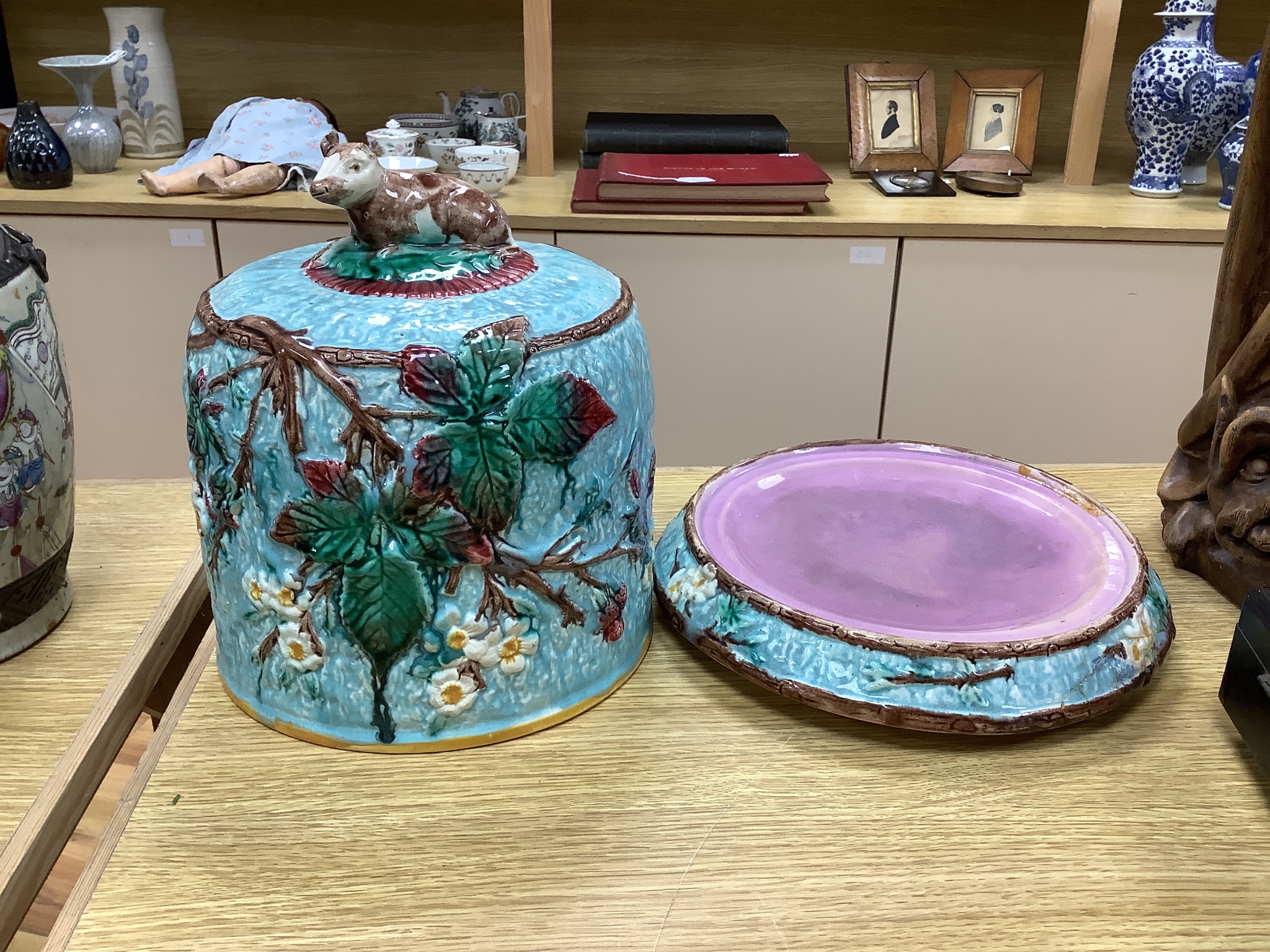 A Victorian majolica cheese dome and stand, height 30cm